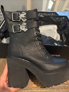 Black Platform Lace-Up Combat Boots with Silver Buckle Detail